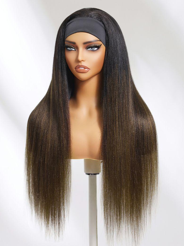 [From 20"]Low Maintenance Put On And Go Yaki Straight Headband Black To Chestnut Brown Ombre Human Hair Glueless Wig