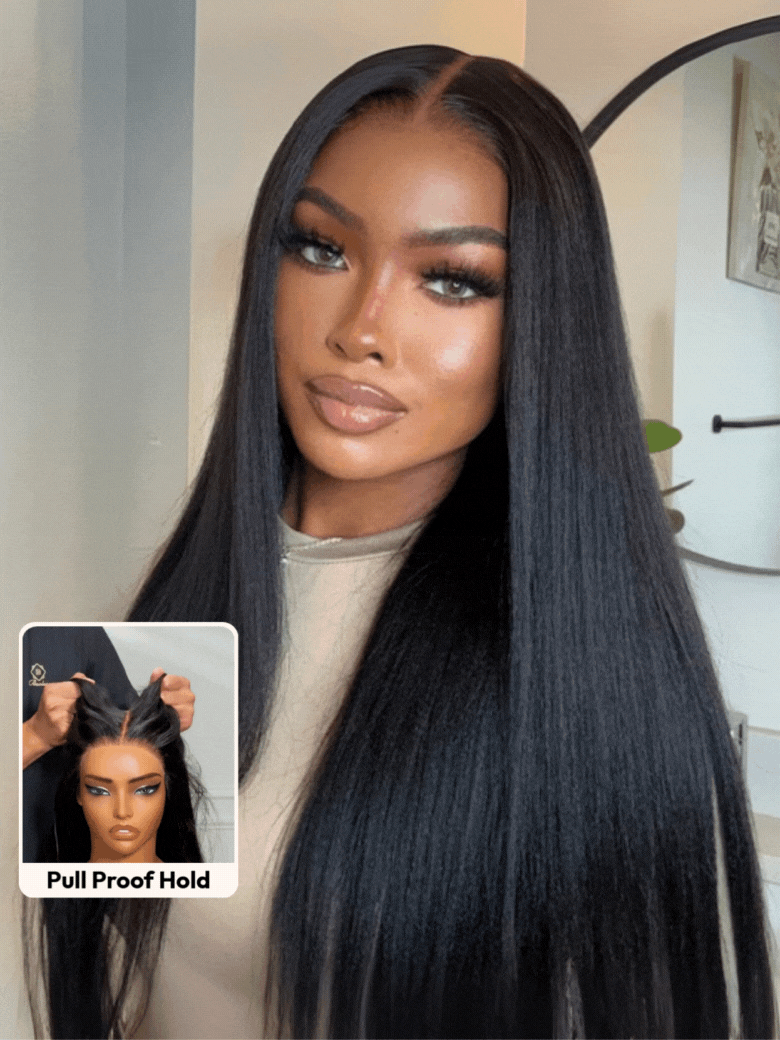 UNice Bye-Bye Slip™ Wig Black Yaki Straight Flexible Mesh Cap Wig with Secure Silicone Strips and Drawstring