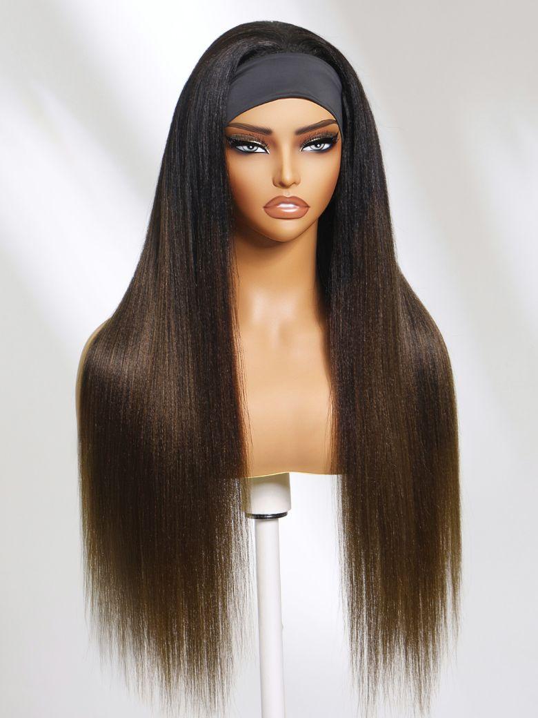[From 20"]Low Maintenance Put On And Go Yaki Straight Headband Black To Chestnut Brown Ombre Human Hair Glueless Wig