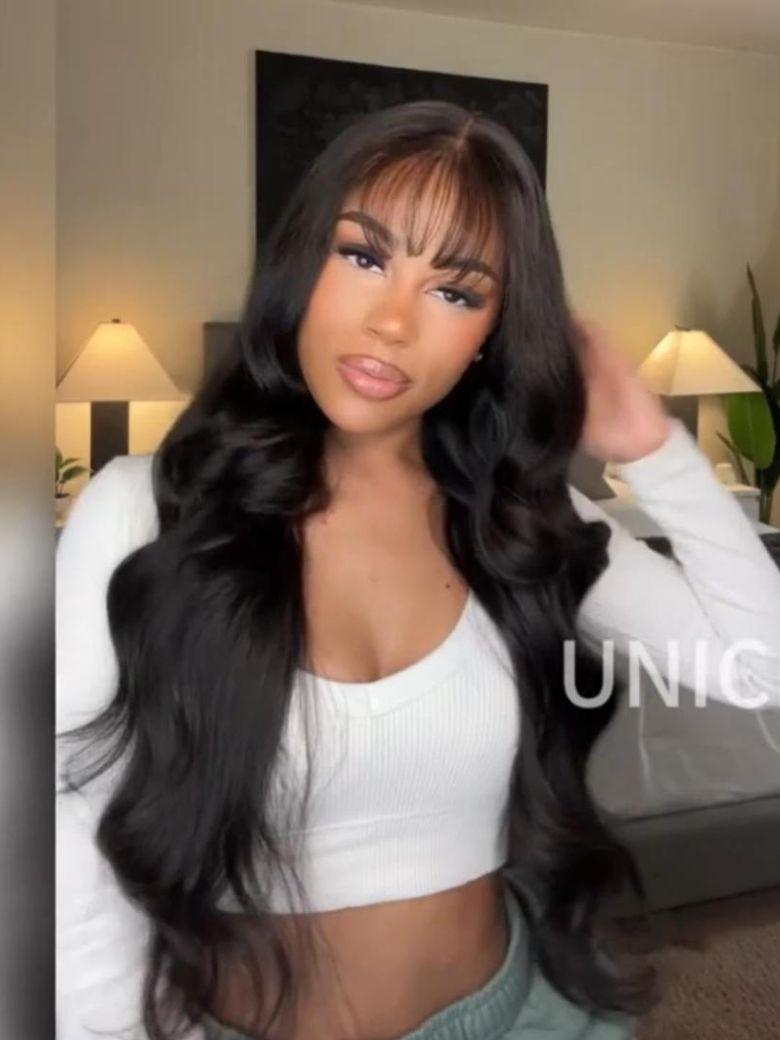 7x5 Bye-Bye Knots& 13x4 Pre-Everything Lace Frontal Pull And Go Black Fluffy Natural Loose Wave Curtain Bangs Wig with Invisi Drawstring