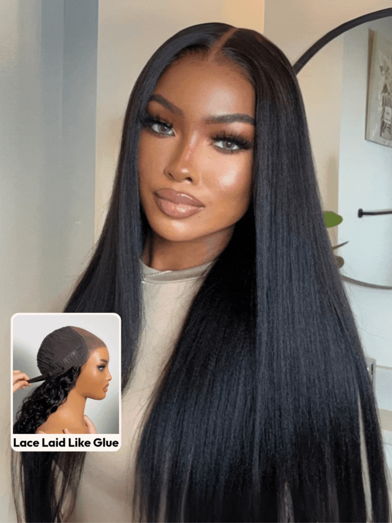 UNice Bye-Bye Slip™ Wig Black Yaki Straight Flexible Mesh Cap Wig with Secure Silicone Strips and Drawstring