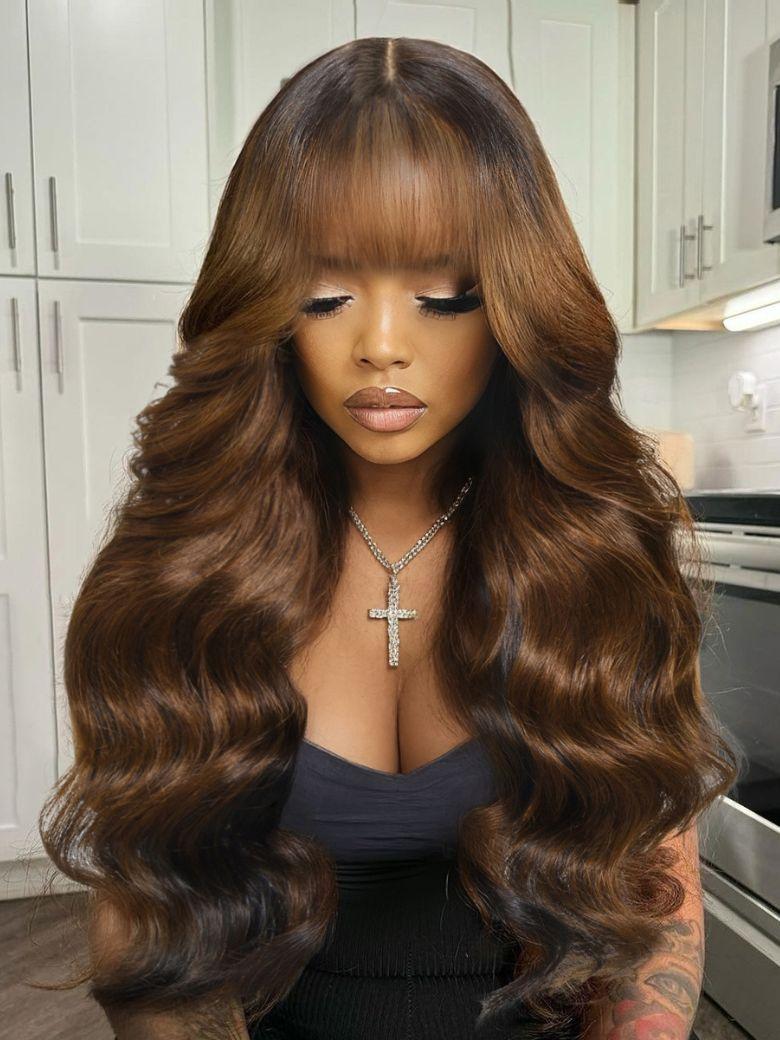 UNice Bye-Bye Knots 13x4 Black with Brown Money Piece Natural Fluffy Loose Wave Curtain Bangs Wig