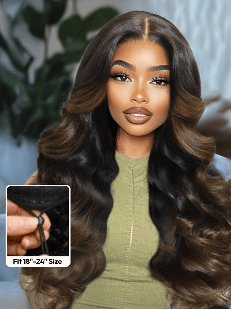 UNice EasiContour™ V Part Black to Chestnut Brown Ombre Body Wave Wig With Invisi Drawstring