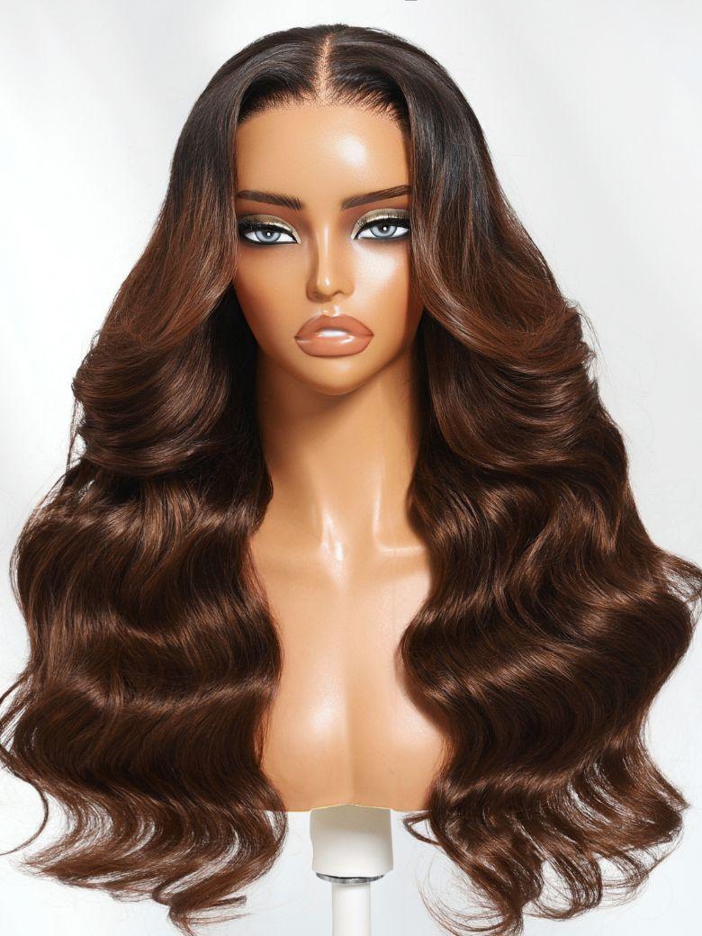 UNice 13x4 Pre-Everything™ Lace Frontal Coffee Brown Loose Wave Glueless Drawstring Wig with Layered Curtain Bangs
