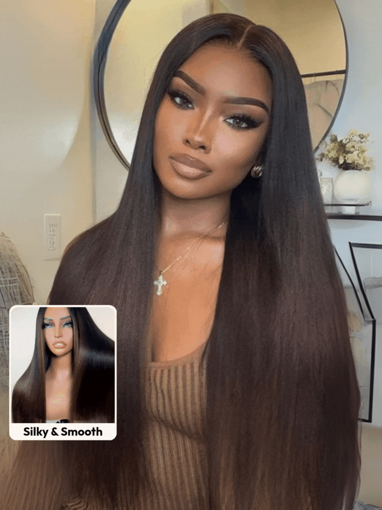 UNice EasiContour™ V Part Black to Chestnut Brown Ombre Yaki Wig With Invisi Drawstring