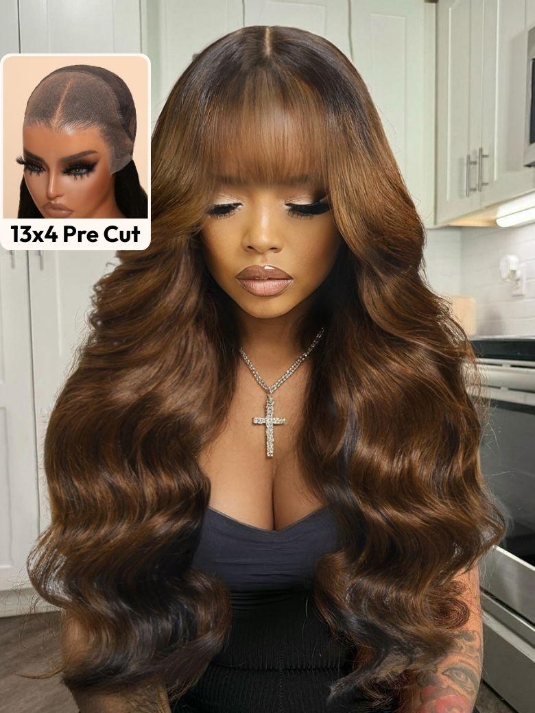 UNice Bye-Bye Knots 13x4 Black with Brown Money Piece Natural Fluffy Loose Wave Curtain Bangs Wig