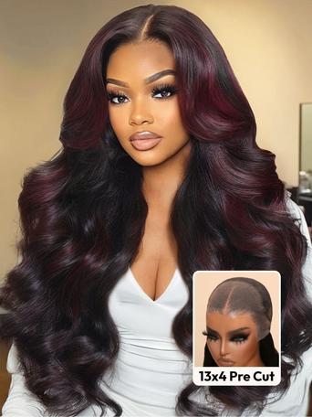 UNice 13x4 Pre-Everything™ Lace Frontal Deep Burgundy Highlights Loose Wave Drawstring Wig with Face Framing Layers