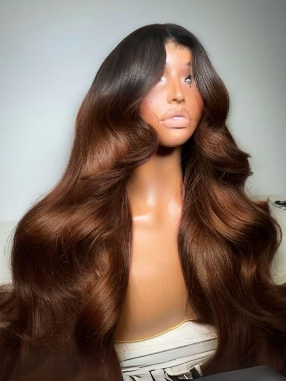 UNice 13x4 Pre-Everything™ Lace Frontal Coffee Brown Loose Wave Glueless Drawstring Wig with Layered Curtain Bangs