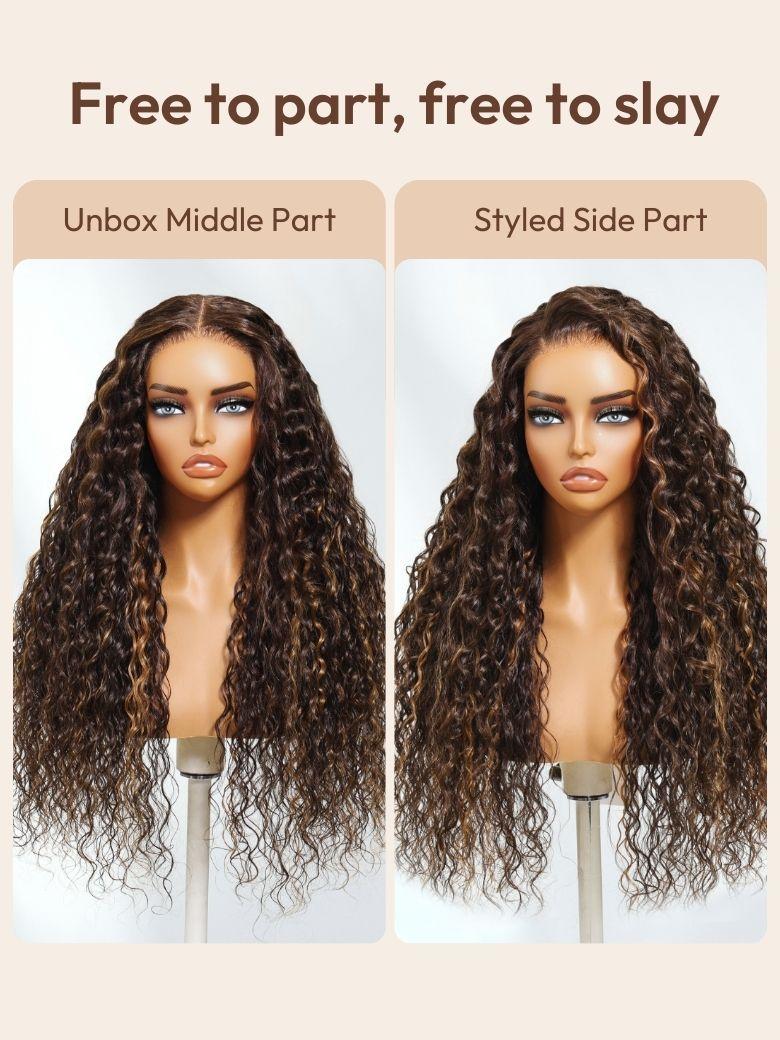 [From 20 Inch]UNice Bye-Bye Knots™ 7x5 Lace Dark Toffee Brown with Auburn Highlights Water Wave Wig with Invisi Drawstring