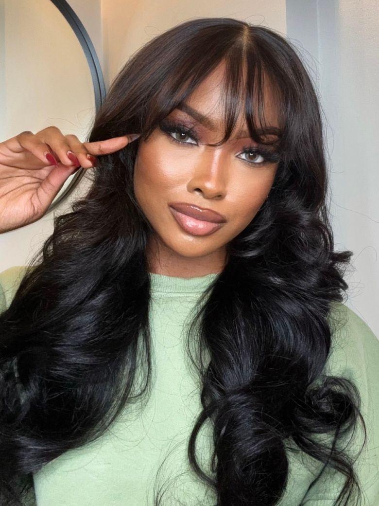 UNice 7x5 Bye-Bye Knots™ & 13x4 Pre-Everything™ Lace Frontal Pull And Go Black Fluffy Natural Loose Wave Curtain Bangs Wig with Free Ear Tape