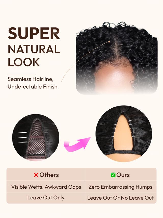 UNice EasiContour™ V Part Jerry Curly Glueless Wig With Invisi Drawstring 100% Human Hair Minimal Leave Out Protect Your Natural Hair