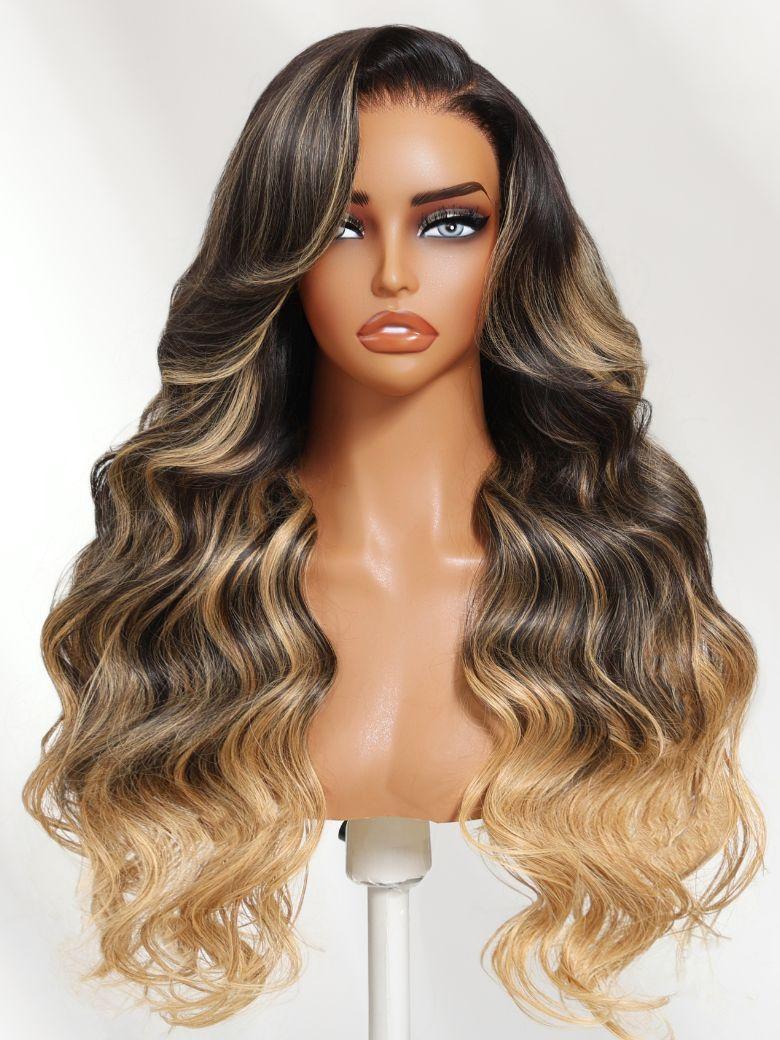 UNice Bye-Bye Knots™ Black With Blonde Highlights 7x5 Lace Loose Wave Wig With Face Framing Layers