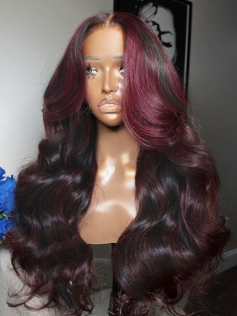 UNice 13x4 Pre-Everything™ Lace Frontal Deep Burgundy Highlights Loose Wave Drawstring Wig with Face Framing Layers