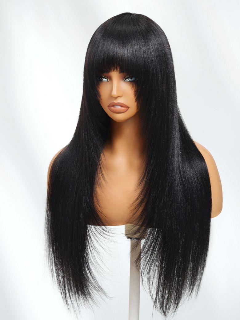 Black Yaki Wig Human Hair Glueless Wig with Blunt Bangs 150% Density