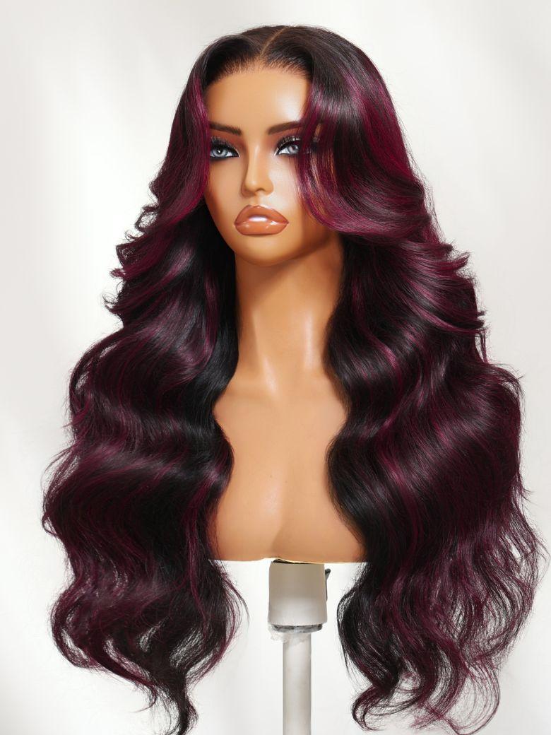 UNice 13x4 Pre-Everything™ Lace Frontal Black With Burgundy Highlights Loose Wave Wig with Face Framing Layers