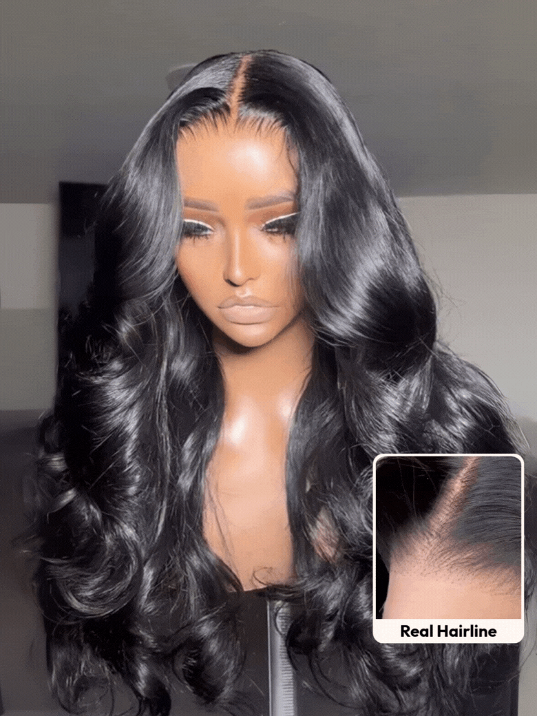 UNice HD Real Scalp™ Wig 13x4 Invisible Lace Frontal Body Wave Black Wig & Wig With Face Framing Curtain Bangs With Invisi Drawstring