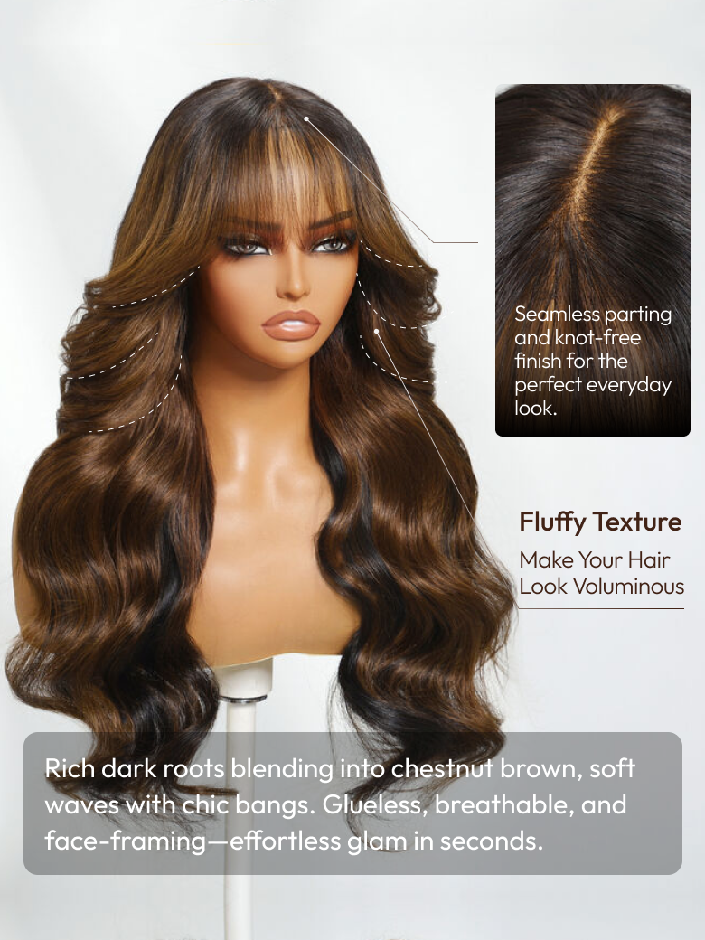 UNice Bye-Bye Knots 13x4 Black with Brown Money Piece Natural Fluffy Loose Wave Curtain Bangs Wig