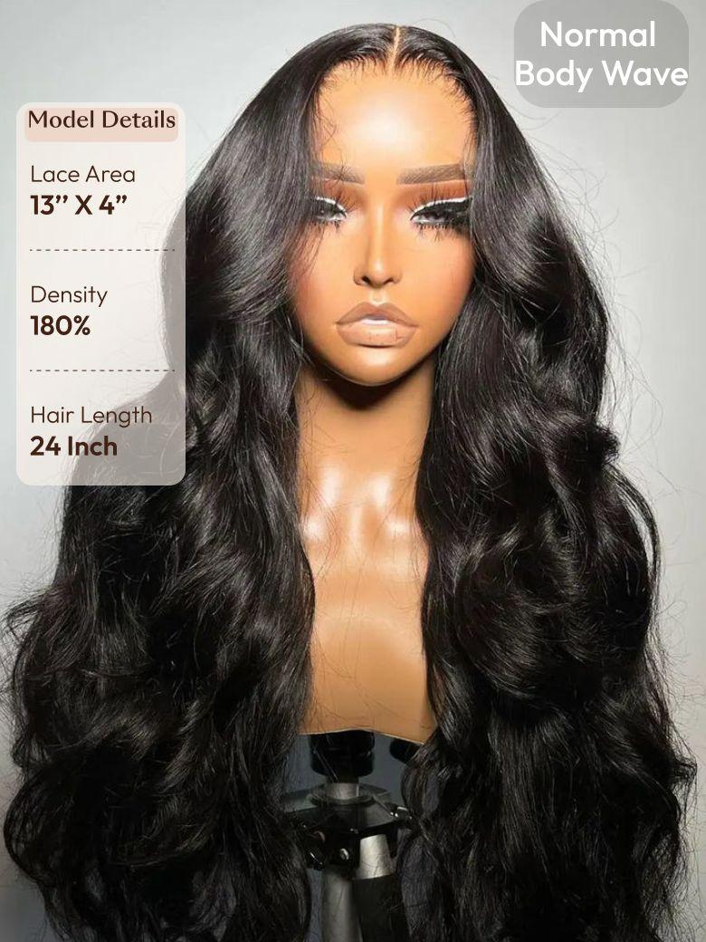 UNice HD Real Scalp™ Wig 13x4 Invisible Lace Frontal Body Wave Black Wig & Wig With Face Framing Curtain Bangs With Invisi Drawstring