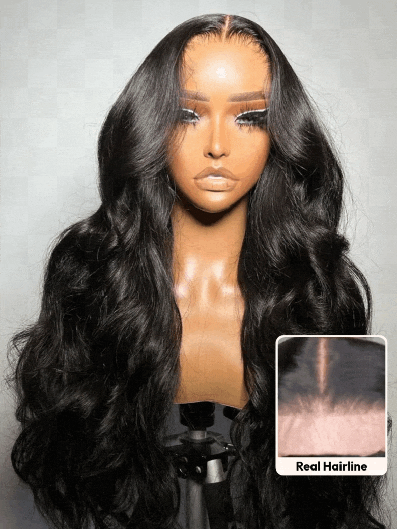 UNice HD Real Scalp™ Wig 13x4 Invisible Lace Frontal Body Wave Black Wig & Wig With Face Framing Curtain Bangs With Invisi Drawstring
