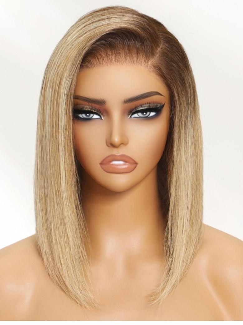 7x5 Bye-Bye Knots Lace Wig Blonde with Brown Root Straight Bob Wig 150% Density