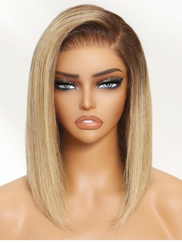 7x5 Bye-Bye Knots Lace Wig Blonde with Brown Root Straight Bob Wig 150% Density