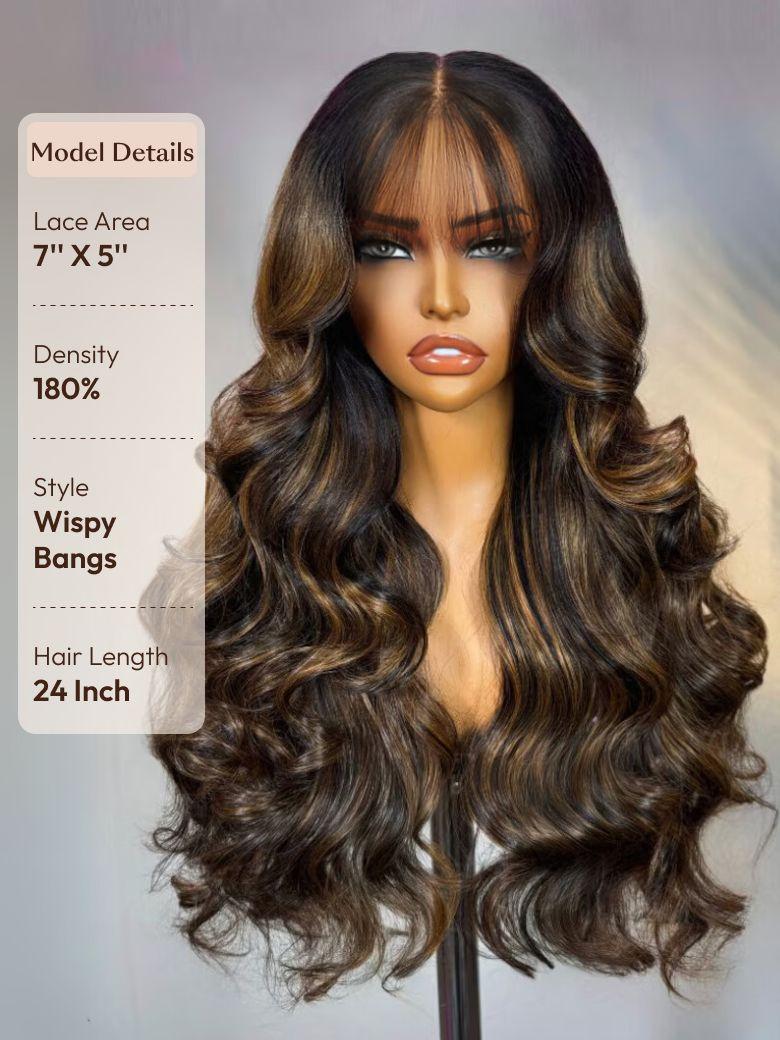 UNice 7x5 Bye Bye Knots™ Wig  Glueless Lace Balayage Highlight Body Wave Drawstring & Curtain Bangs Wig