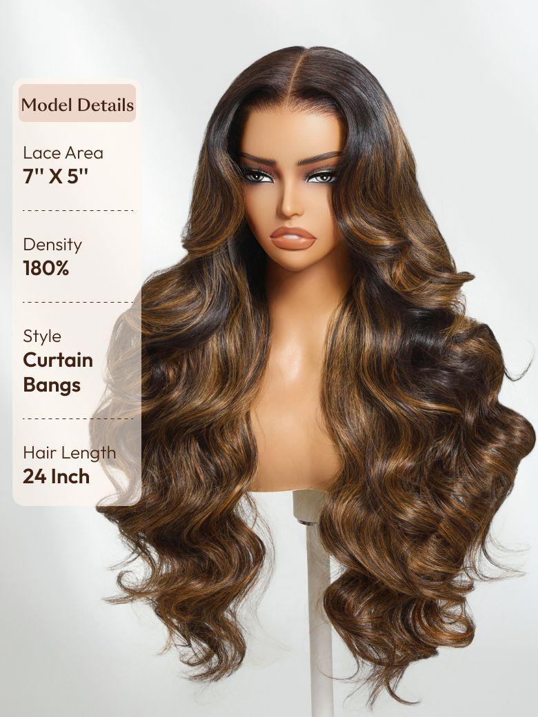 UNice 7x5 Bye Bye Knots™ Wig  Glueless Lace Balayage Highlight Body Wave Drawstring & Curtain Bangs Wig