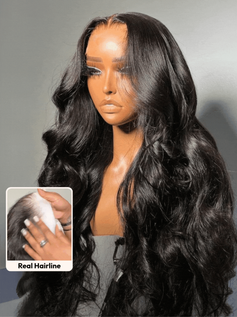 UNice HD Real Scalp™ Wig 13x4 Invisible Lace Frontal Body Wave Black Wig & Wig With Face Framing Curtain Bangs With Invisi Drawstring