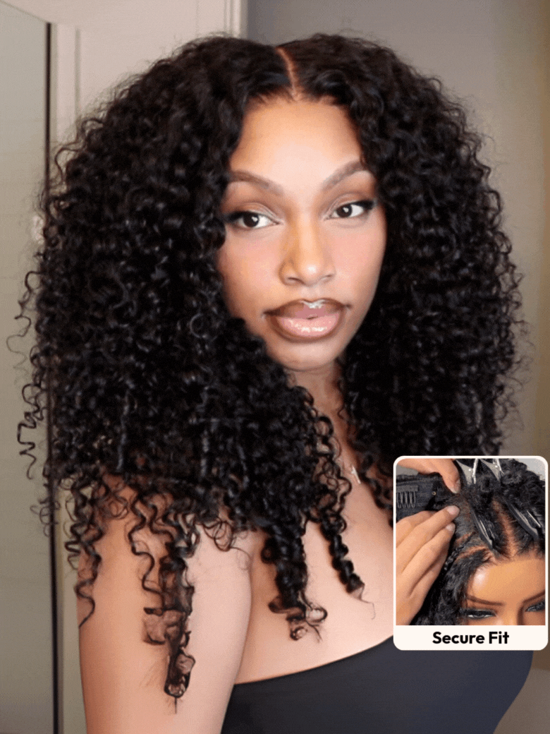 UNice InvisiBlend™ V Part Curly Texture Drawstring Human Hair Wig With Finger Coil Ends