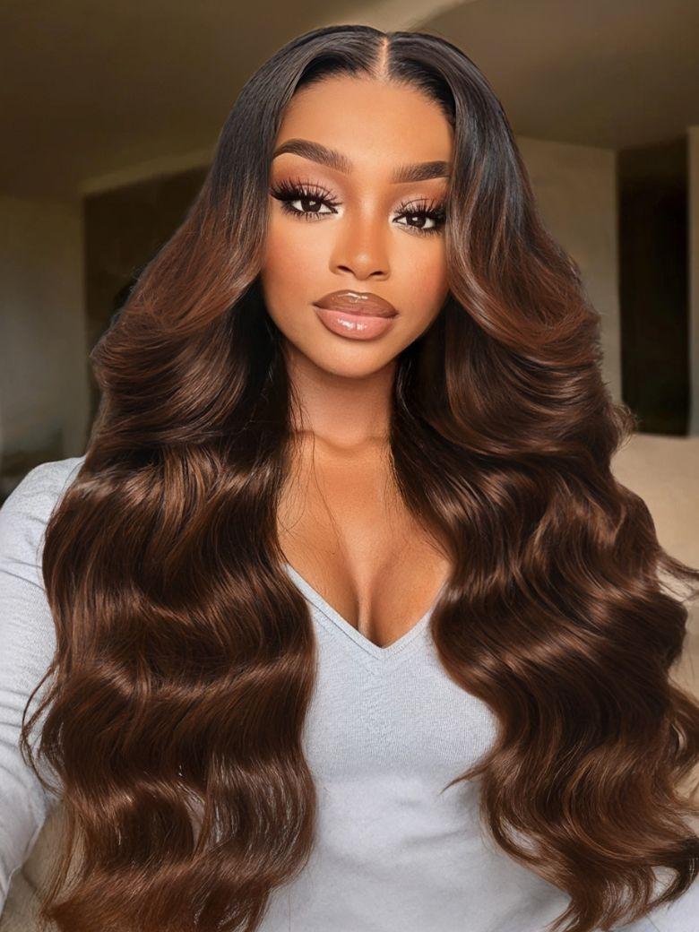 UNice 13x4 Pre-Everything™ Lace Frontal Coffee Brown Loose Wave Glueless Drawstring Wig with Layered Curtain Bangs