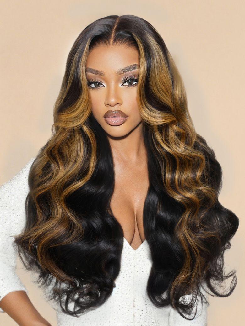 Black with Caramel Blonde Highlights UNice Bye-Bye Knots 7x5 Lace Body Wave Wig