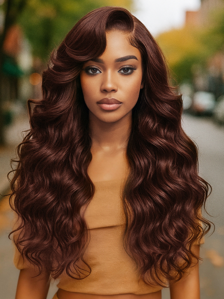 UNice Bye-Bye Knots™ 7x5 Lace Dark Auburn Side Part Big Bouncy Wave Wig with Invisi Drawstring