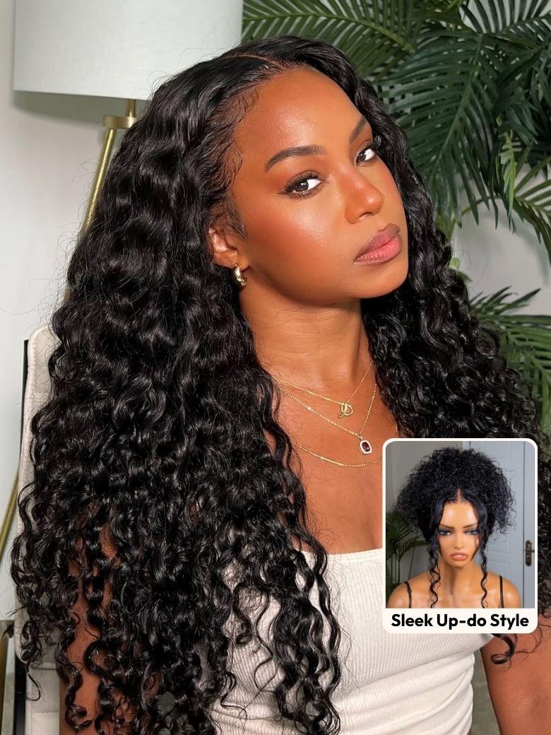 UNice 7x5 Bye Bye Knots & 13x4 Pre-Everything™ Lace Frontal Natural Black Bouncy Water Wave Curly Invisi Drawstring No Baby Hair