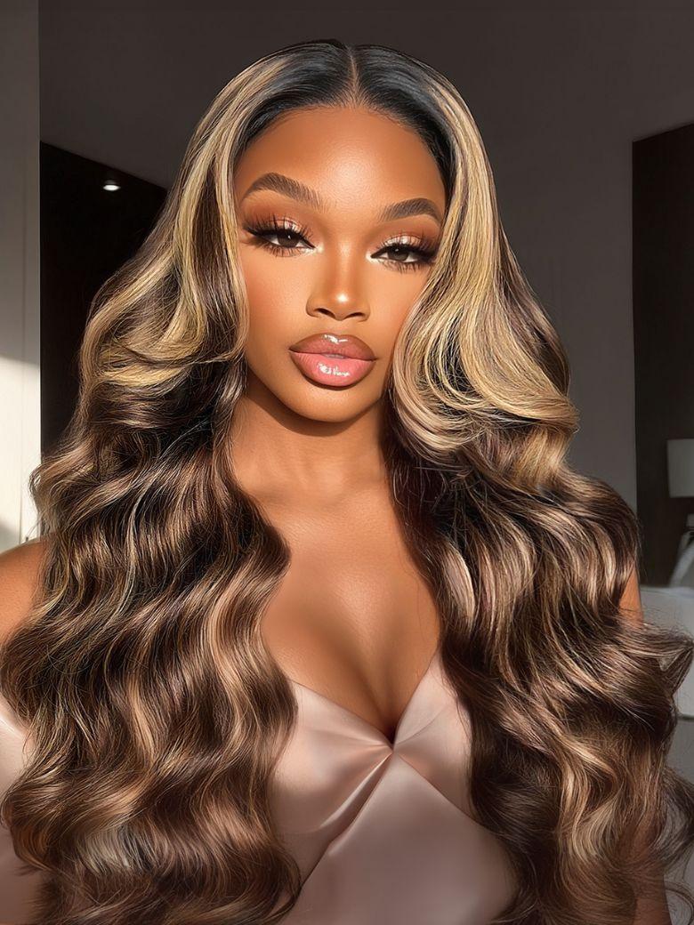 UNice 13x4 Pre-Everything™ Lace Frontal Honey Brown Loose Wave Drawstring Wig with Golden Blonde Face Framing Layers