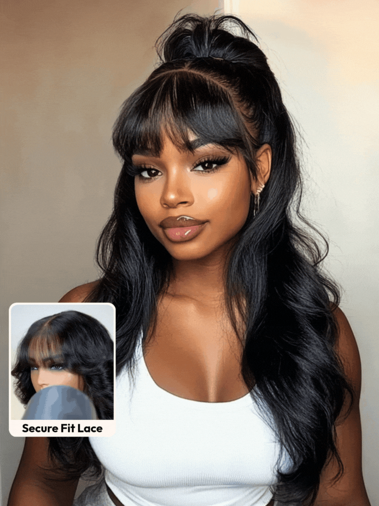 UNice 7x5 Bye-Bye Knots™ & 13x4 Pre-Everything™ Lace Frontal Pull And Go Black Fluffy Natural Loose Wave Curtain Bangs Wig with Free Ear Tape