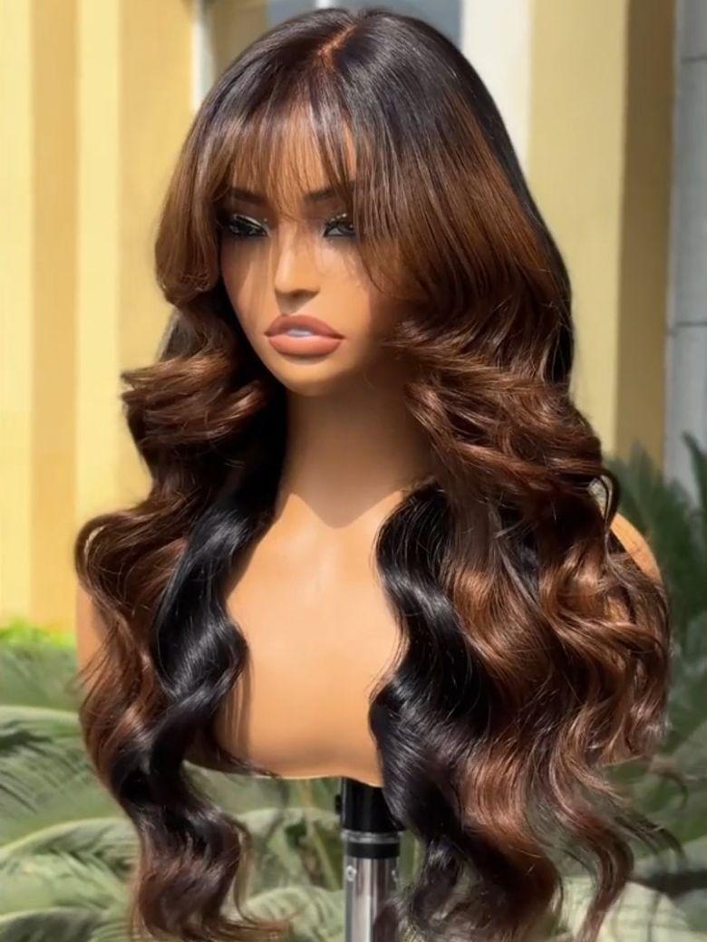 UNice Bye-Bye Knots 13x4 Black with Brown Money Piece Natural Fluffy Loose Wave Curtain Bangs Wig