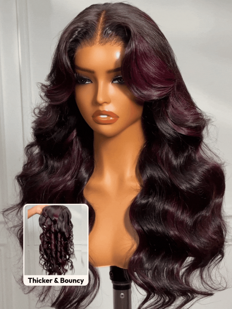 UNice 13x4 Pre-Everything™ Lace Frontal Deep Burgundy Highlights Loose Wave Drawstring Wig with Face Framing Layers