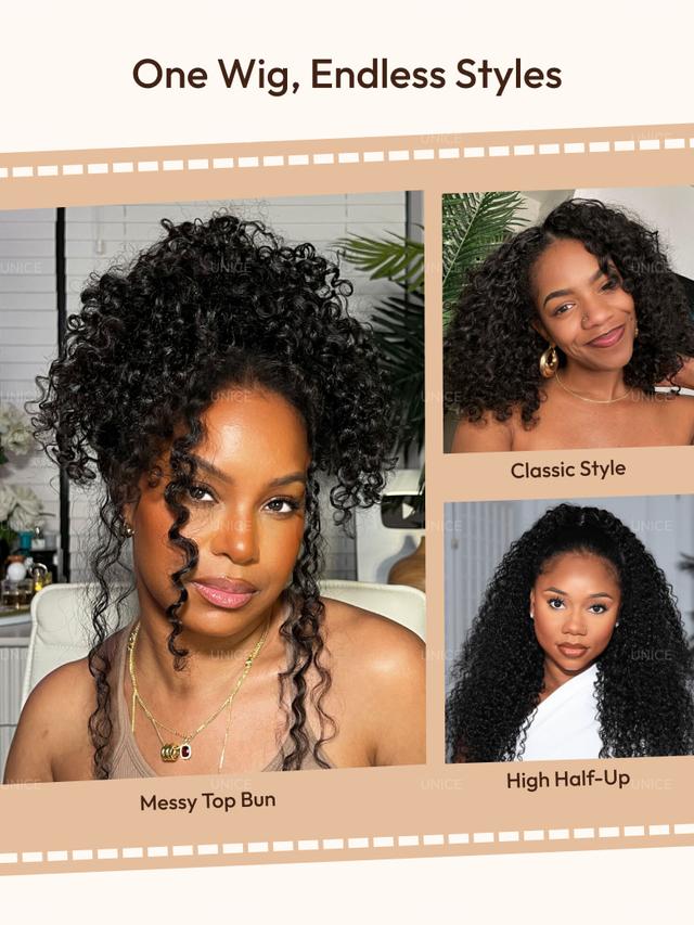 UNice InvisiBlend™ V part Jerry Curly Wig With Invisi Drawstring 100% Human Hair Minimal Leave Out Protect Your Natural Hair 180% Density
