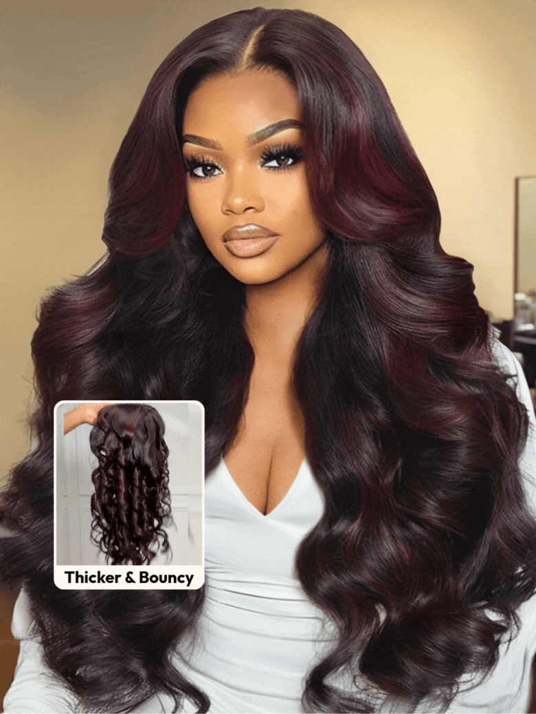 UNice 13x4 Pre-Everything™ Lace Frontal Deep Burgundy Highlights Loose Wave Drawstring Wig with Face Framing Layers