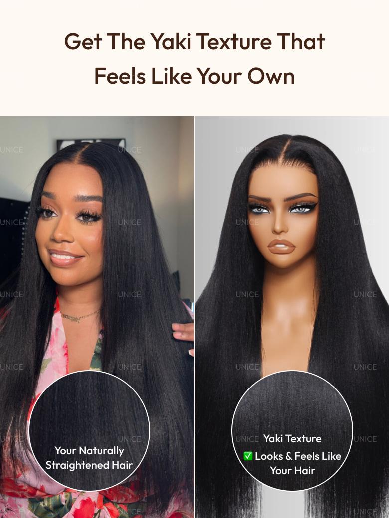 UNice Bye Bye Slip™ Wig 7x5 Glueless Lace Black Yaki Straight Wig With Elastic Drawstring 360 Cozy Hug 180% Density