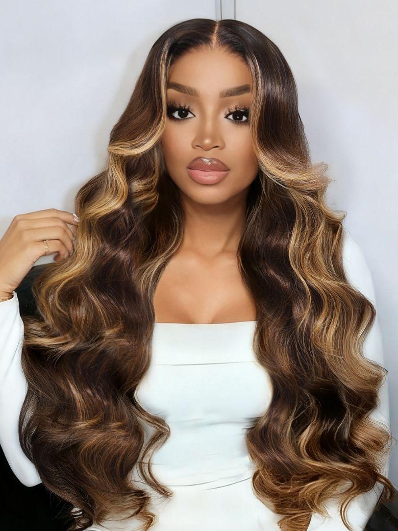 UNice 13x4 Pre-Everything™ Lace Frontal Brown with Honey Blonde Highlights Loose Wave Drawstring Wig with Face Framing Layers
