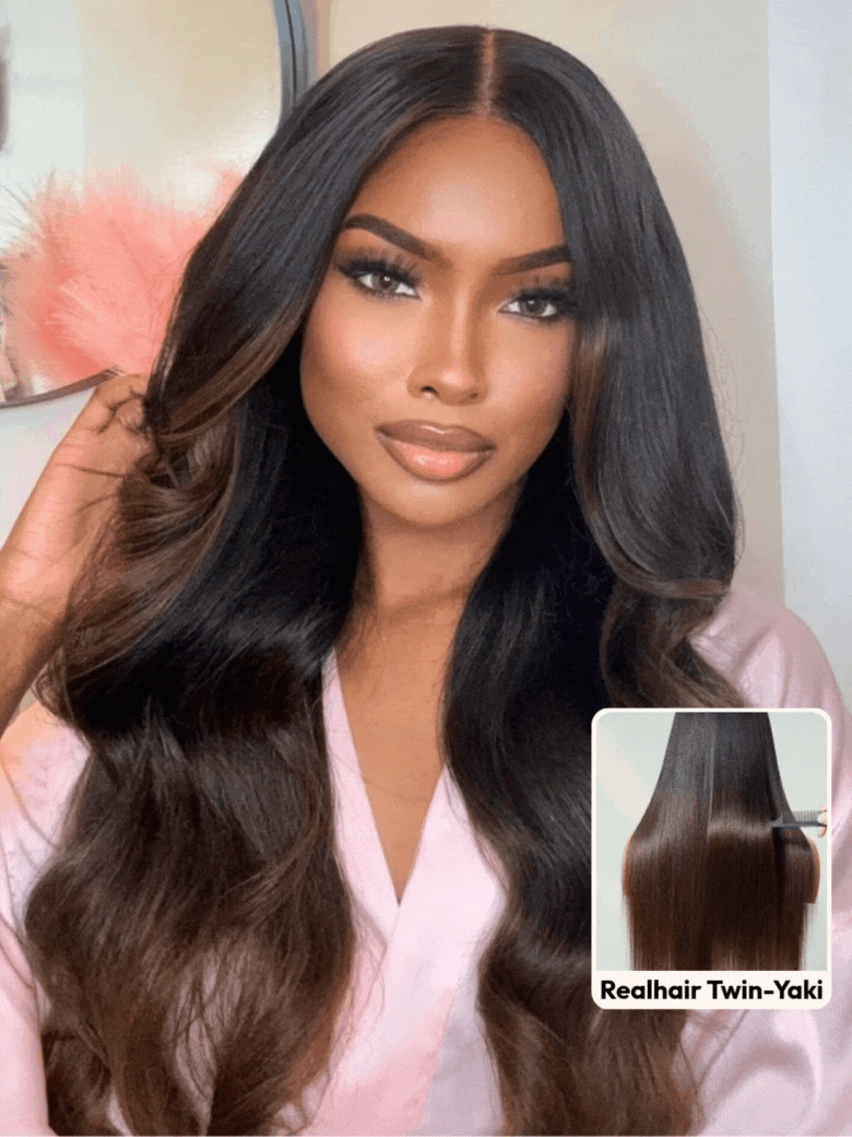 UNice Bye-Bye Knots 7x5 & 13x4 Lace Black to Chestnut Brown Ombre Yaki Straight Wig With Invisi Drawstring