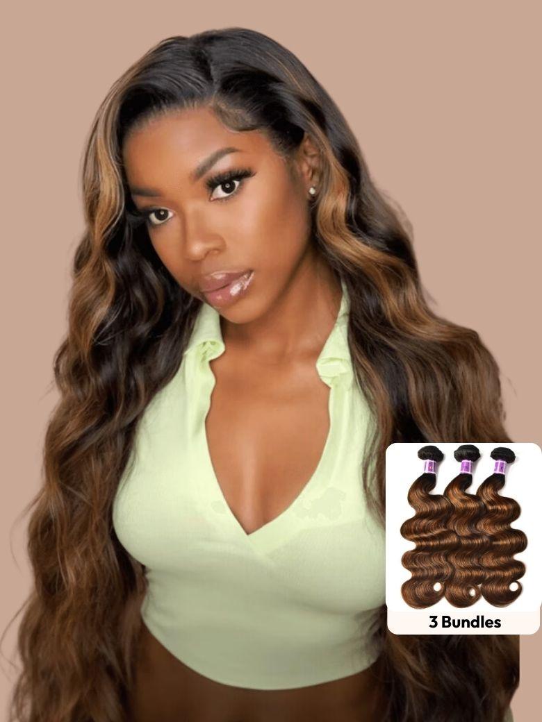 UNice #FB30 Brown Balayage Highlight 3Pcs Body Wave Human Hair Bundles