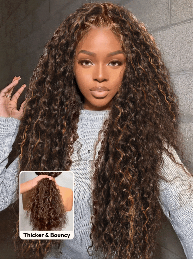 UNice Bye-Bye Knots™ 7x5 Lace Dark Toffee Brown with Auburn Highlights Water Wave Wig with Invisi Drawstring