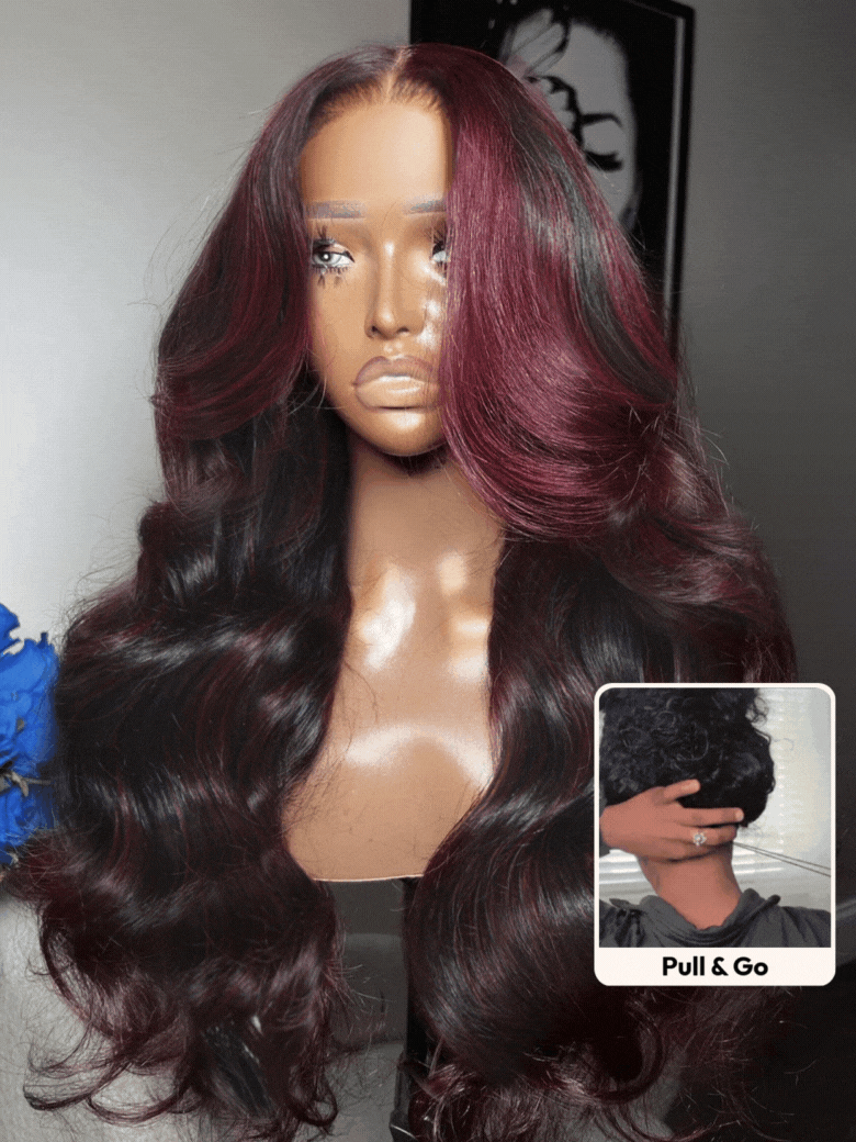 UNice 13x4 Pre-Everything™ Lace Frontal Deep Burgundy Highlights Loose Wave Drawstring Wig with Face Framing Layers