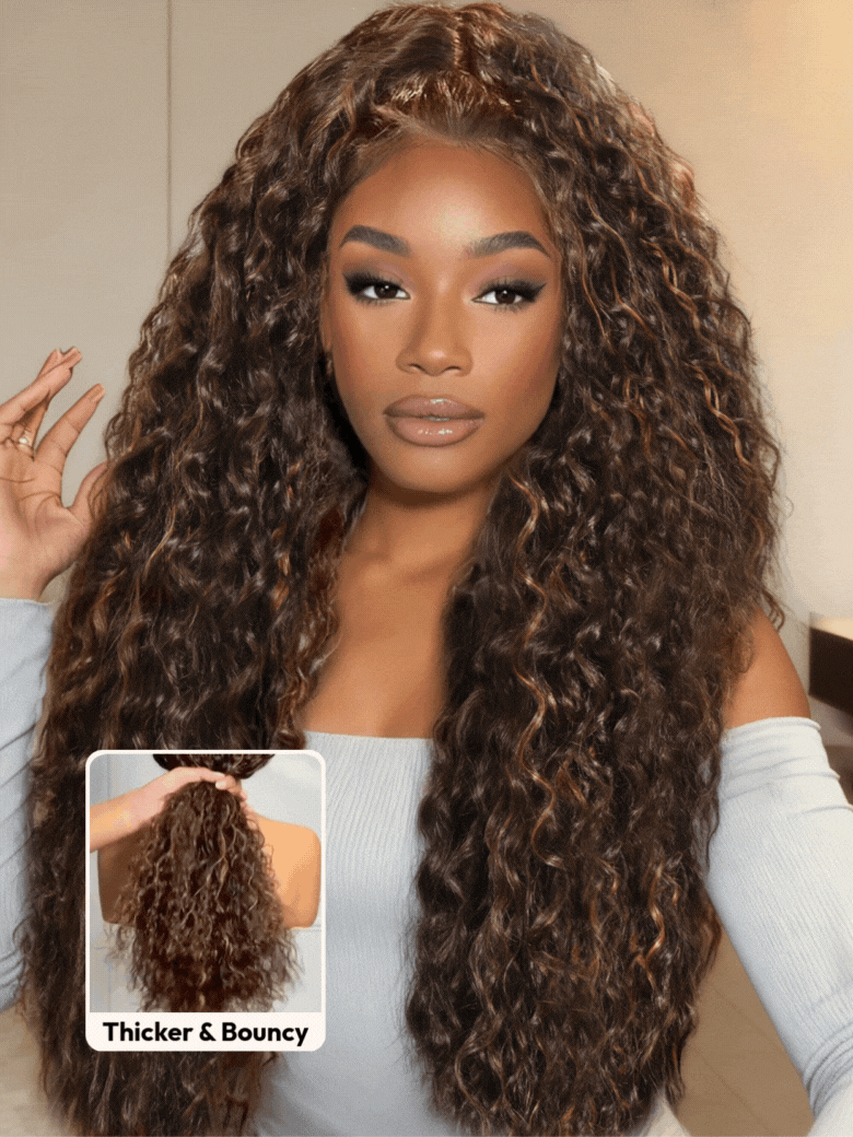 UNice Bye-Bye Knots™ 7x5 Lace Dark Toffee Brown with Auburn Highlights Water Wave Wig with Invisi Drawstring
