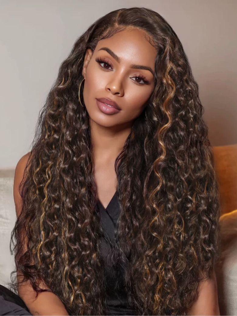 UNice Bye-Bye Knots™ 7x5 Lace Dark Toffee Brown with Auburn Highlights Water Wave Wig with Invisi Drawstring