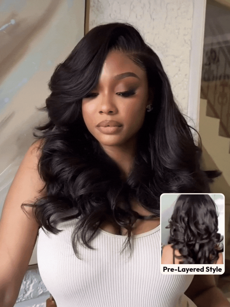 [Price Drop] UNice Bye-Bye Knots™ 7x5 Lace Black & Ash Highlights on Black Hair Feathered Hairstyles 200% Density Wig with Side Bangs