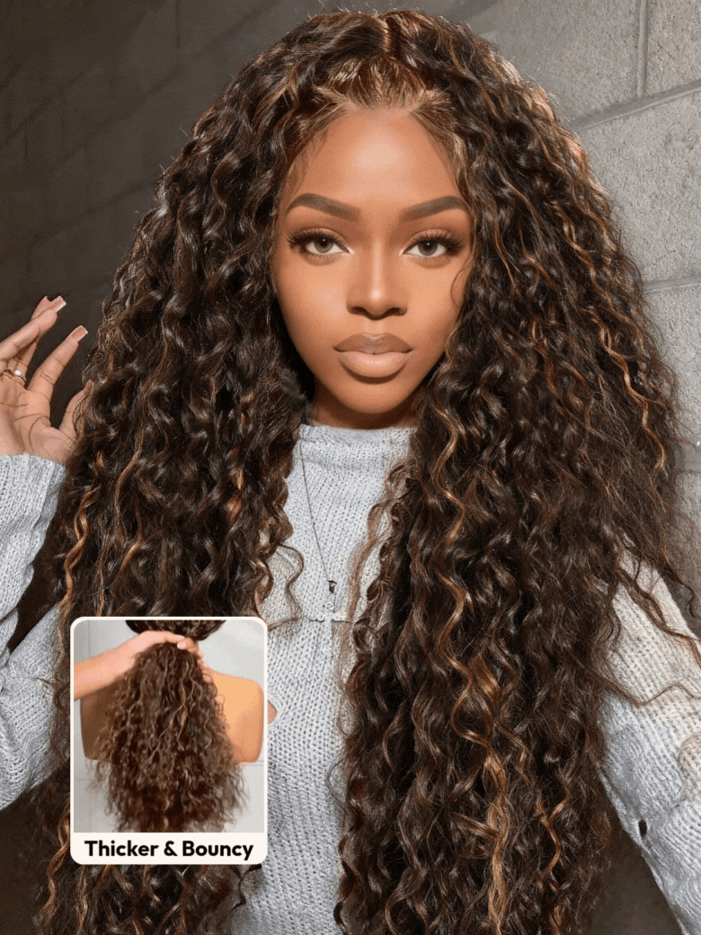 UNice Bye-Bye Knots™ 7x5 Lace Dark Toffee Brown with Auburn Highlights Water Wave Wig with Invisi Drawstring