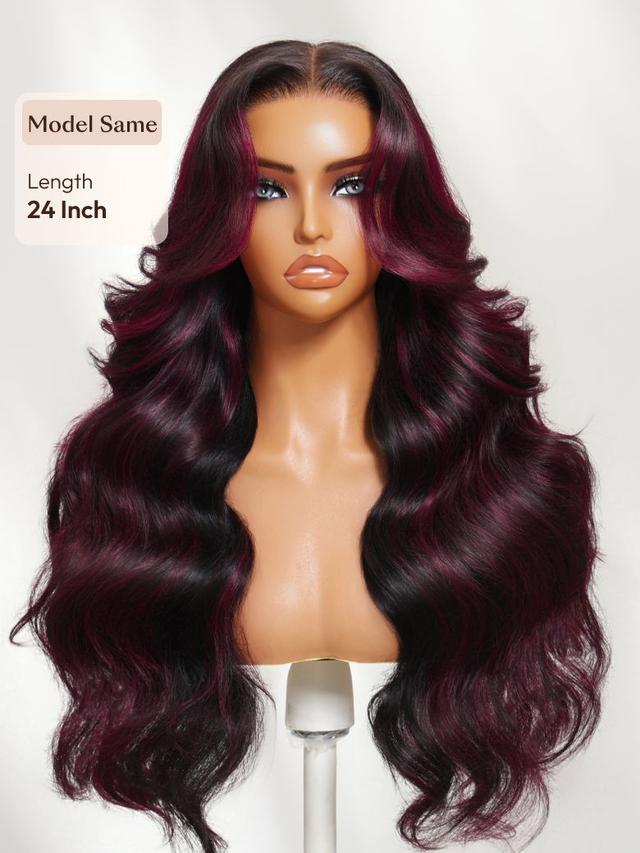 UNice 13x4 Pre-Everything™ Lace Frontal Black With Burgundy Highlights Loose Wave Wig with Face Framing Layers